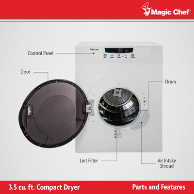 Magic Chef 3.5 Cubic Feet Compact Home Laundry Dryer Machine, White (For Parts) - VMInnovations