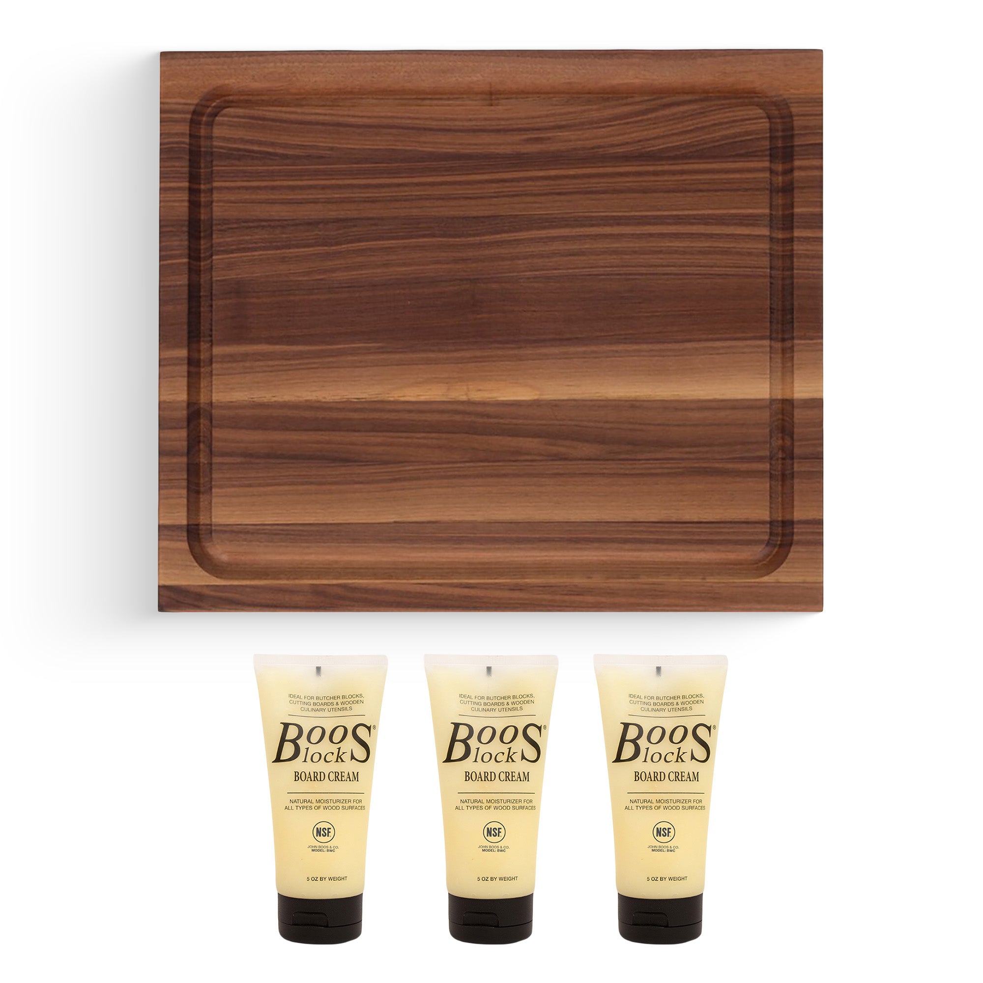 John Boos Walnut Wood Juice Groove Cutting Board w/Boos Block Care Cream, 3 Pack - VMInnovations