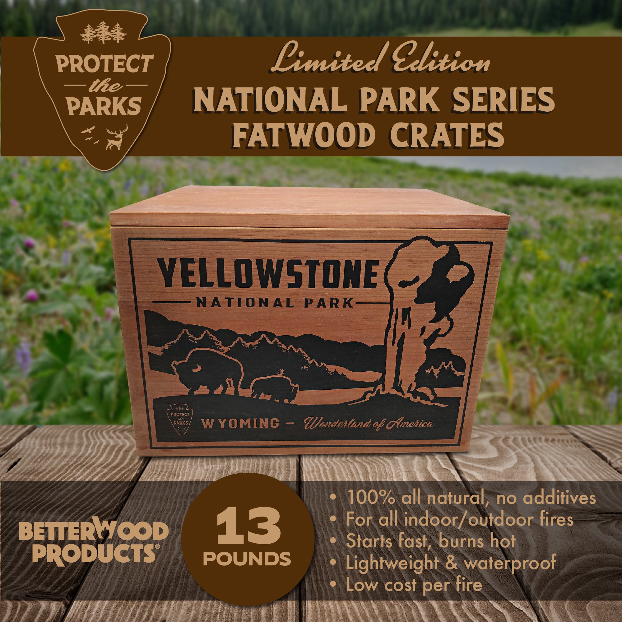 Better Wood Products Protect the Parks Fatwood Firestarter Crate, Yellowstone - VMInnovations