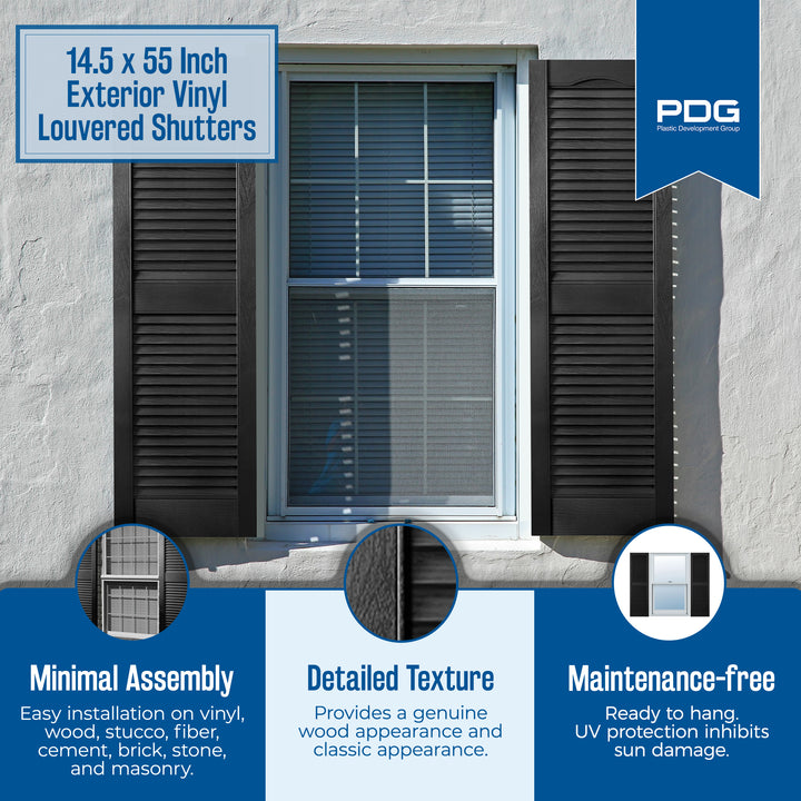 Plastic Development Group 14 x 55 Inch Exterior Vinyl Louvered Shutters, Black