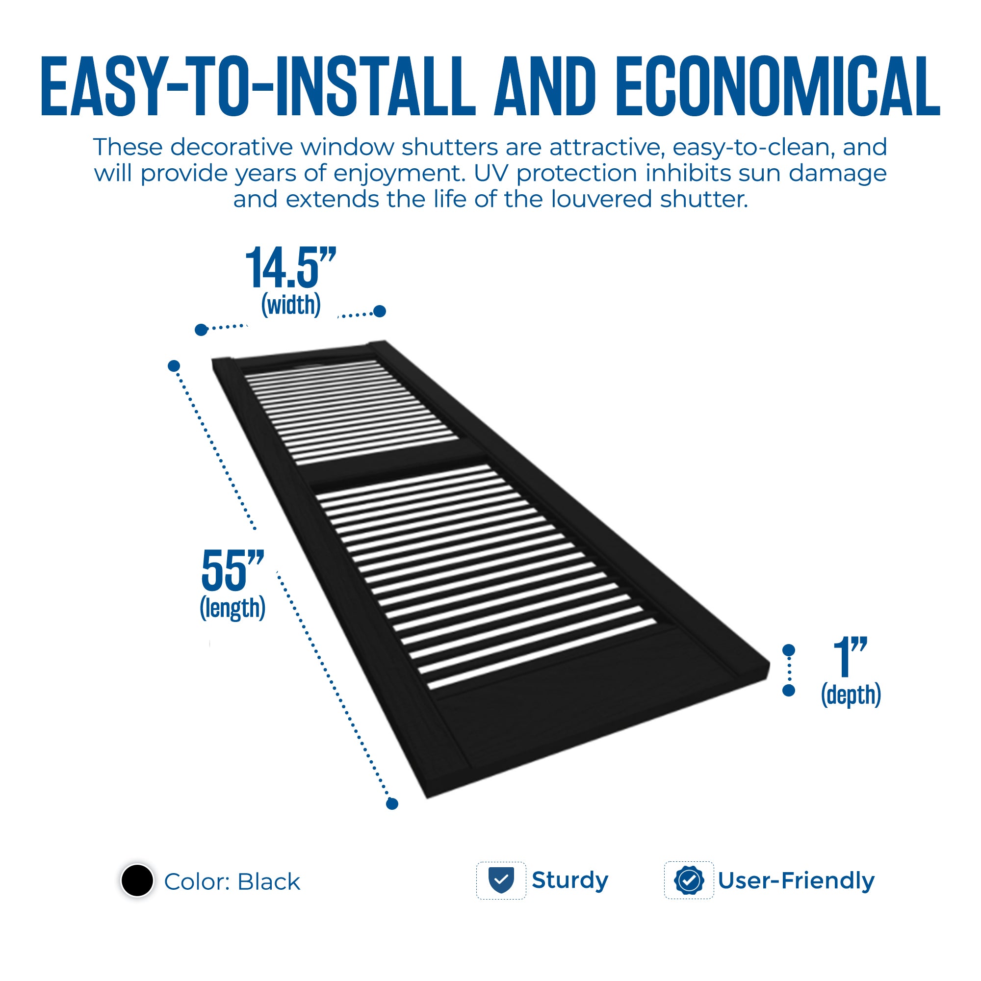 Plastic Development Group 14 x 55 Inch Vinyl Louvered Shutters, Black (Open Box) - VMInnovations