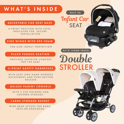 Baby Trend Sit N Stand Travel Double Baby Stroller and Car Seat Combo, Khaki - VMInnovations