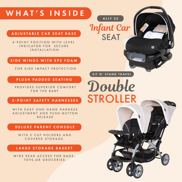 Baby Trend Sit N Stand Travel Double Baby Stroller and Car Seat Combo, Khaki