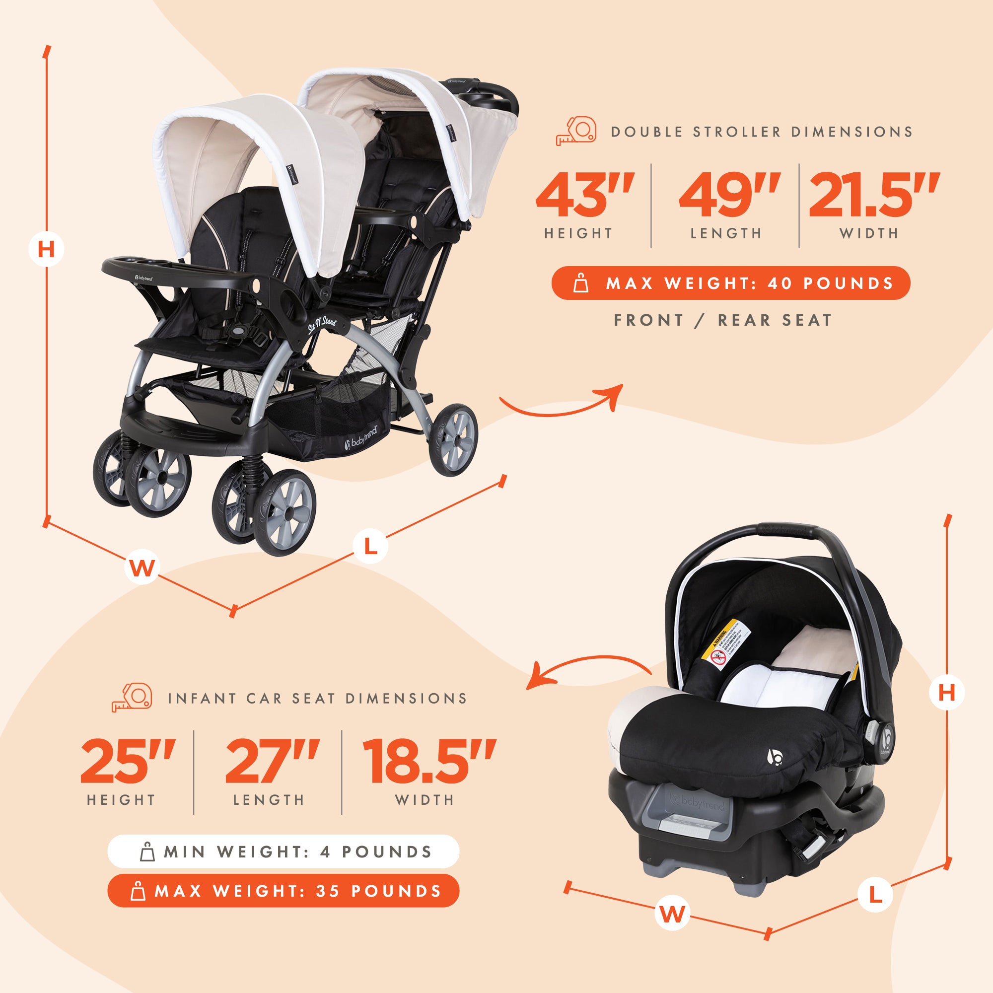 Baby Trend Sit N Stand Travel Double Baby Stroller and Car Seat