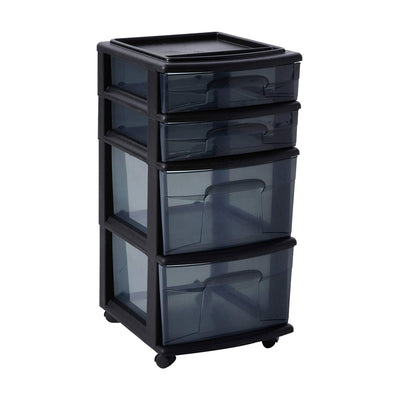 Homz Tall Solid Plastic 4 Drawer Medium Storage Cart with Wheels, Black (2 Pack)