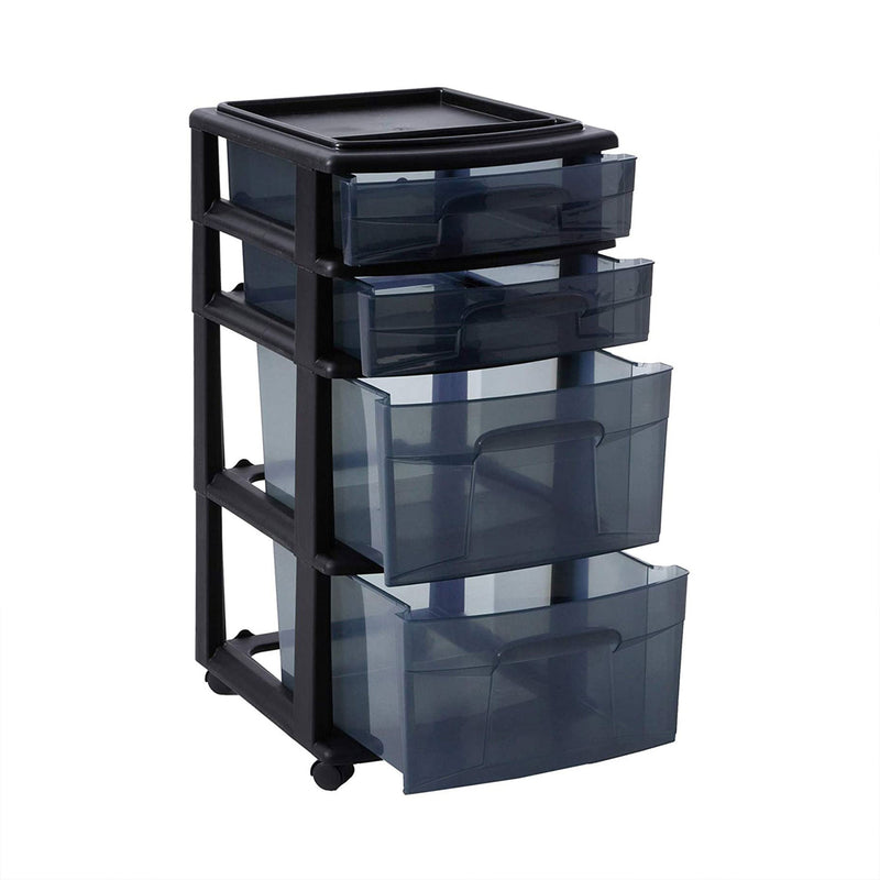Homz Tall Solid Plastic 4 Drawer Med Storage Cart w/Caster Wheels, Blk(Open Box)