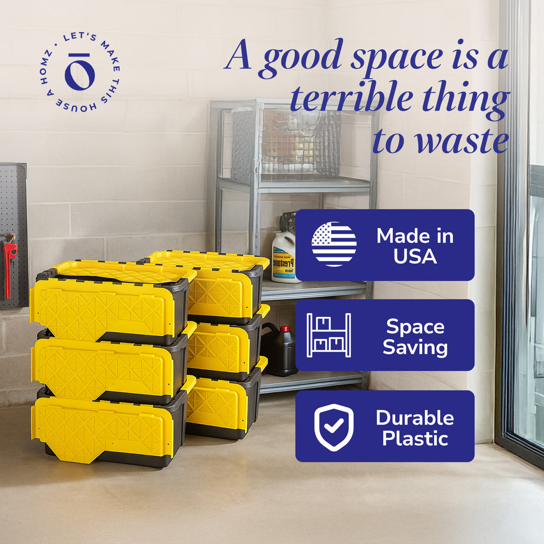 Homz Durabilt 15 Gal Flip Lid Storage Container, Black/Yellow (6 Pack) (Used)