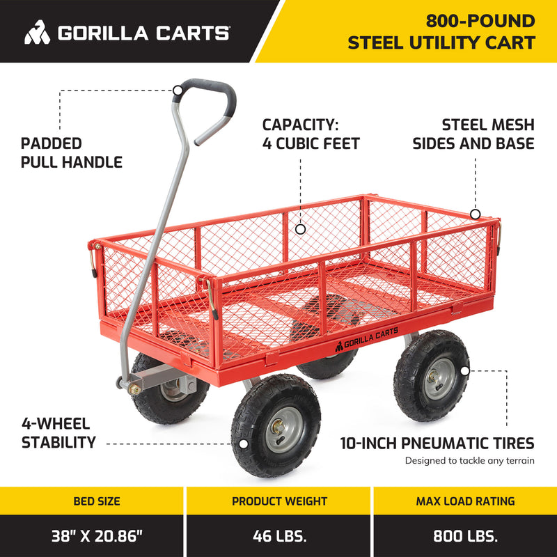 Gorilla Cart 800 Pound Capacity Heavy Duty Steel Mesh Utility Wagon Cart, Red