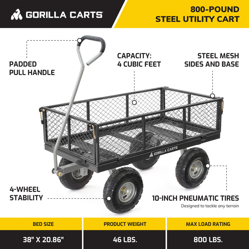 Gorilla Cart 800 Pound Capacity Steel Mesh Utility Wagon Cart, Black (Open Box)