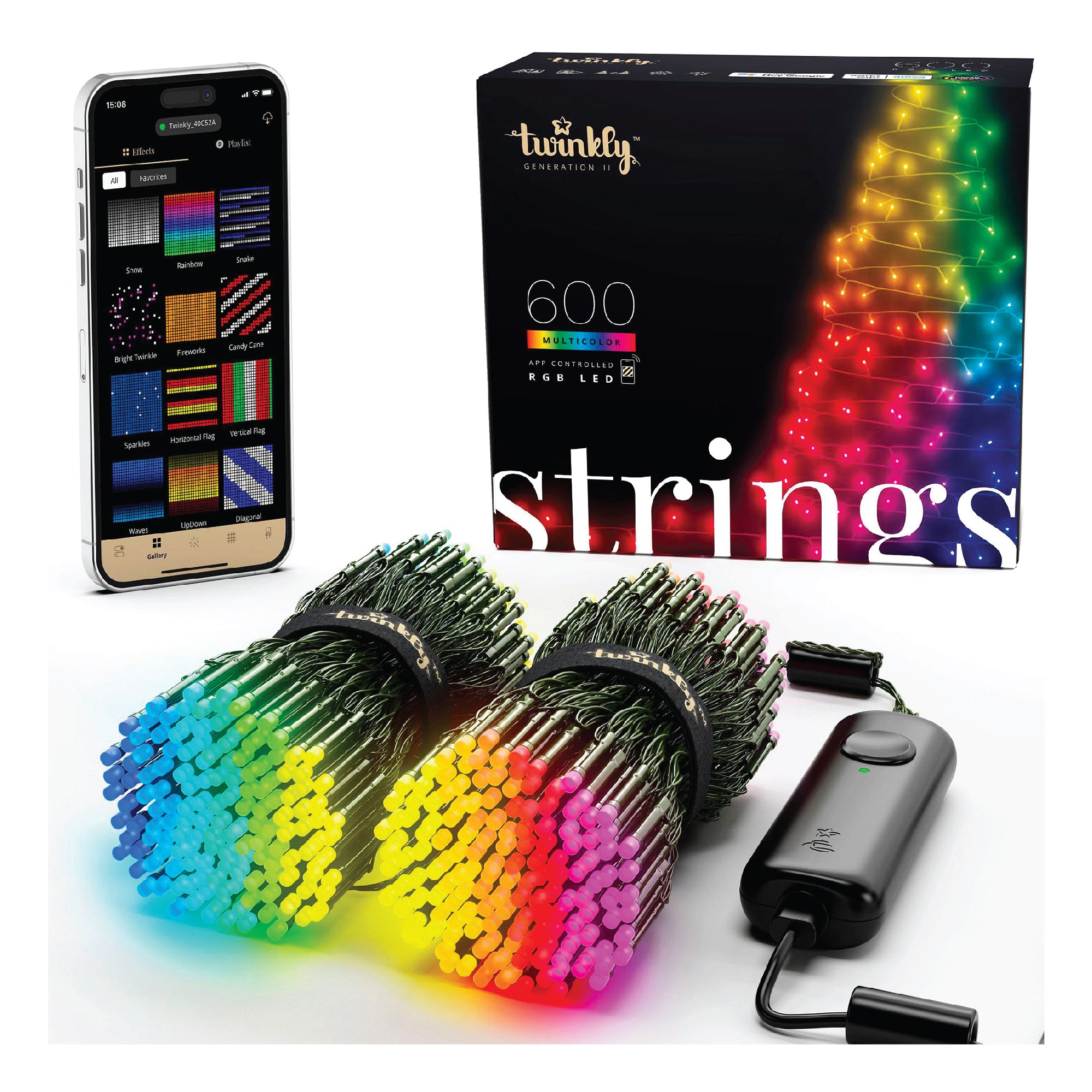 Twinkly String + Music 600 LED RGB Christmas Lights with Music Syncing Device