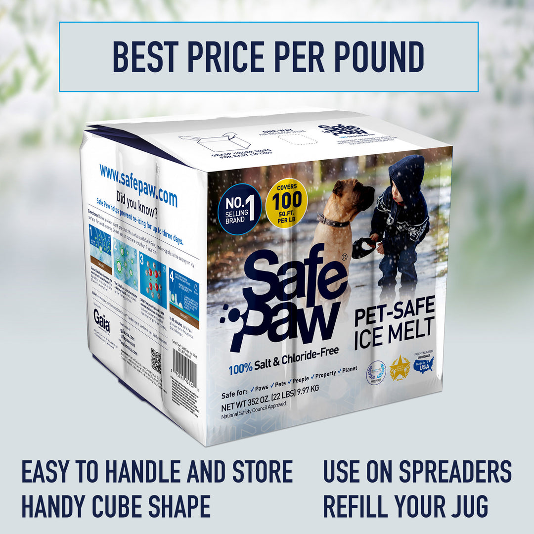 Safe Paw Pet Safe Ice Melt, 100% Salt and Chloride free with Traction Agent, Non-Toxic, Fast Acting, Lasts 3X Longer – 22 Lbs, 2 Pack