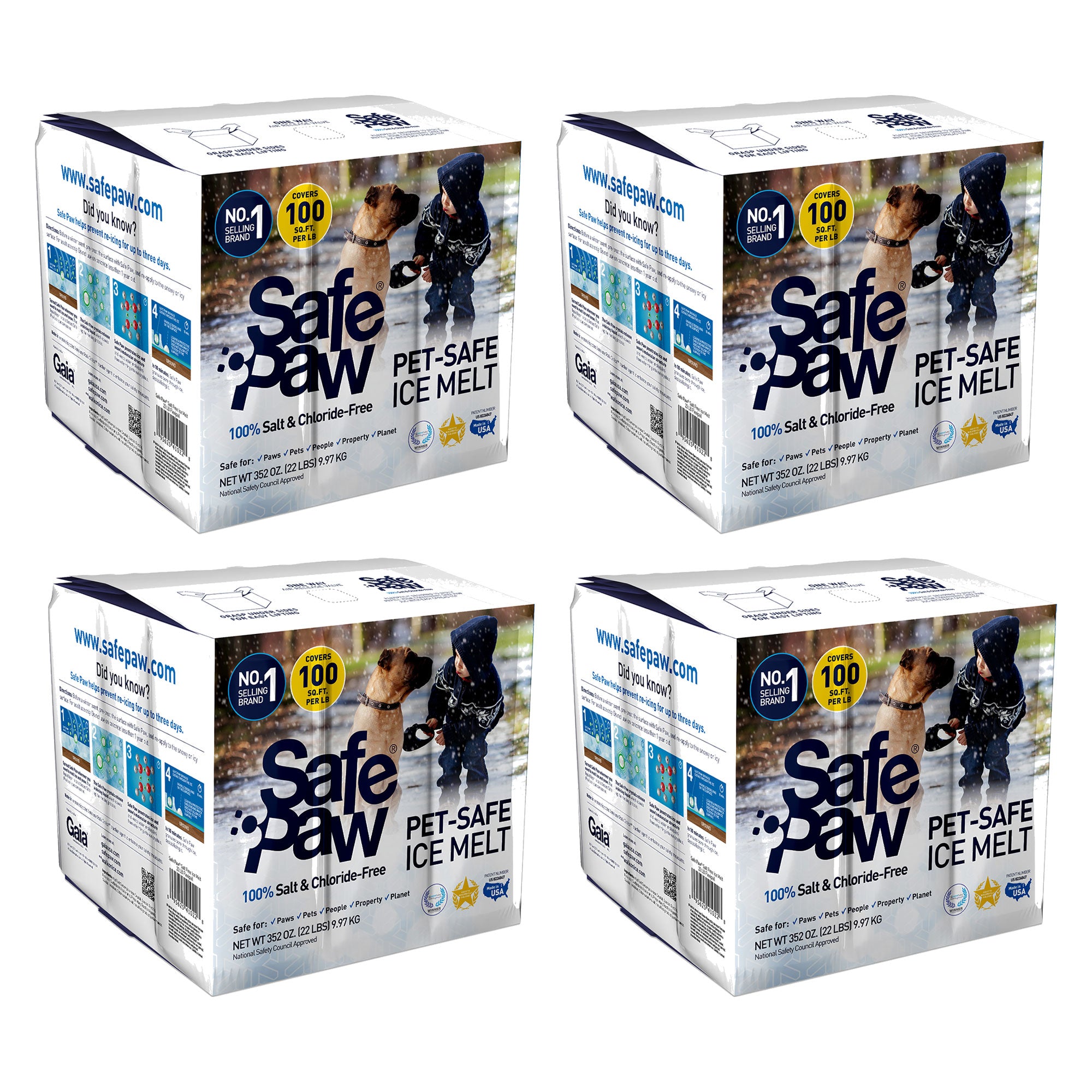 Safe Paw Pet Safe Ice Melt, 100% Salt and Chloride free with Traction Agent, Non-Toxic, Fast Acting, Lasts 3X Longer – 35 Lbs, 4 Pack - VMInnovations