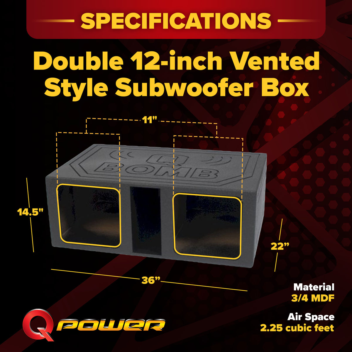 QPower QBOMB12VLSQ Dual 12" XL Vented Side Ported Speaker Square Box (Open Box)