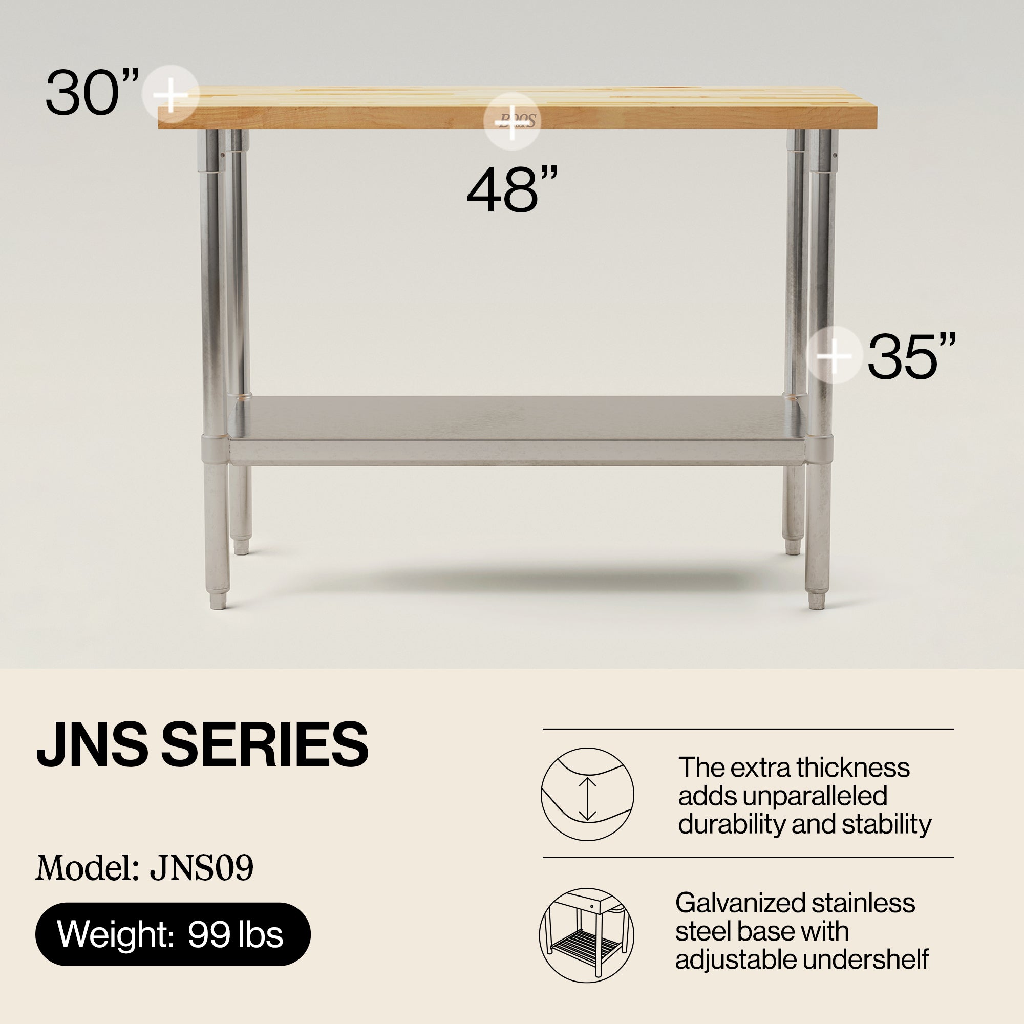 John Boos Maple Wood Top Work Table with Adjustable Lower Shelf, 48 x 30 x 1.5" - VMInnovations