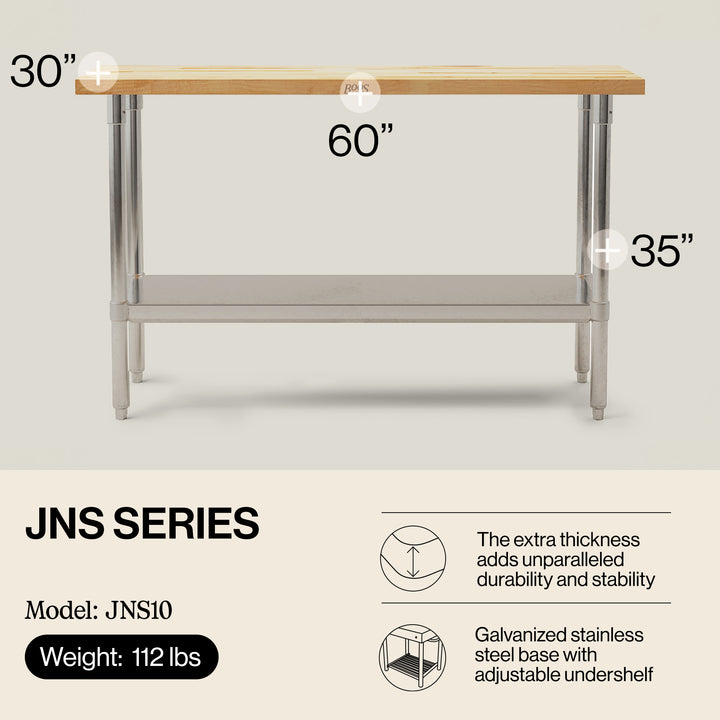 John Boos Maple Wood Top Work Table with Adjustable Lower Shelf, 60 x 30 x 1.5"