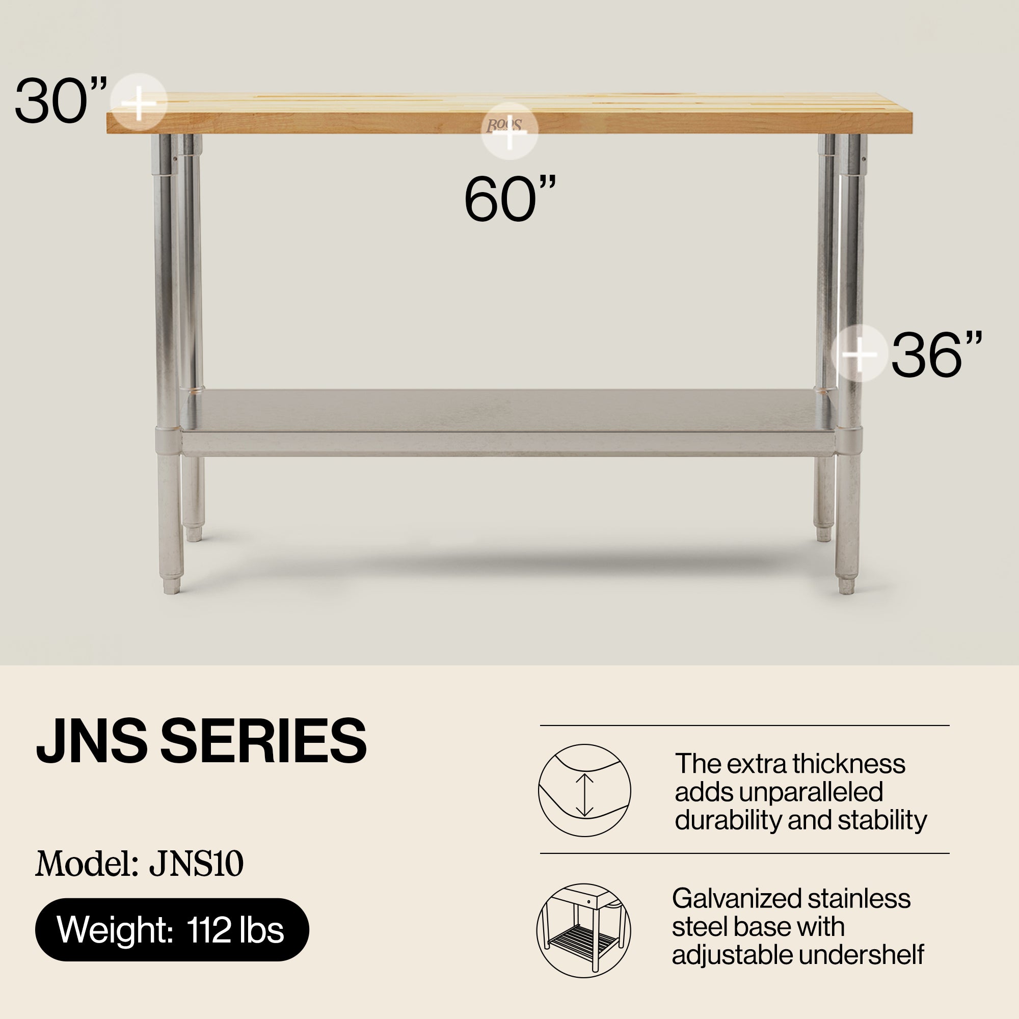 John Boos Maple Wood Top Work Table with Adjustable Lower Shelf, (For Parts) - VMInnovations