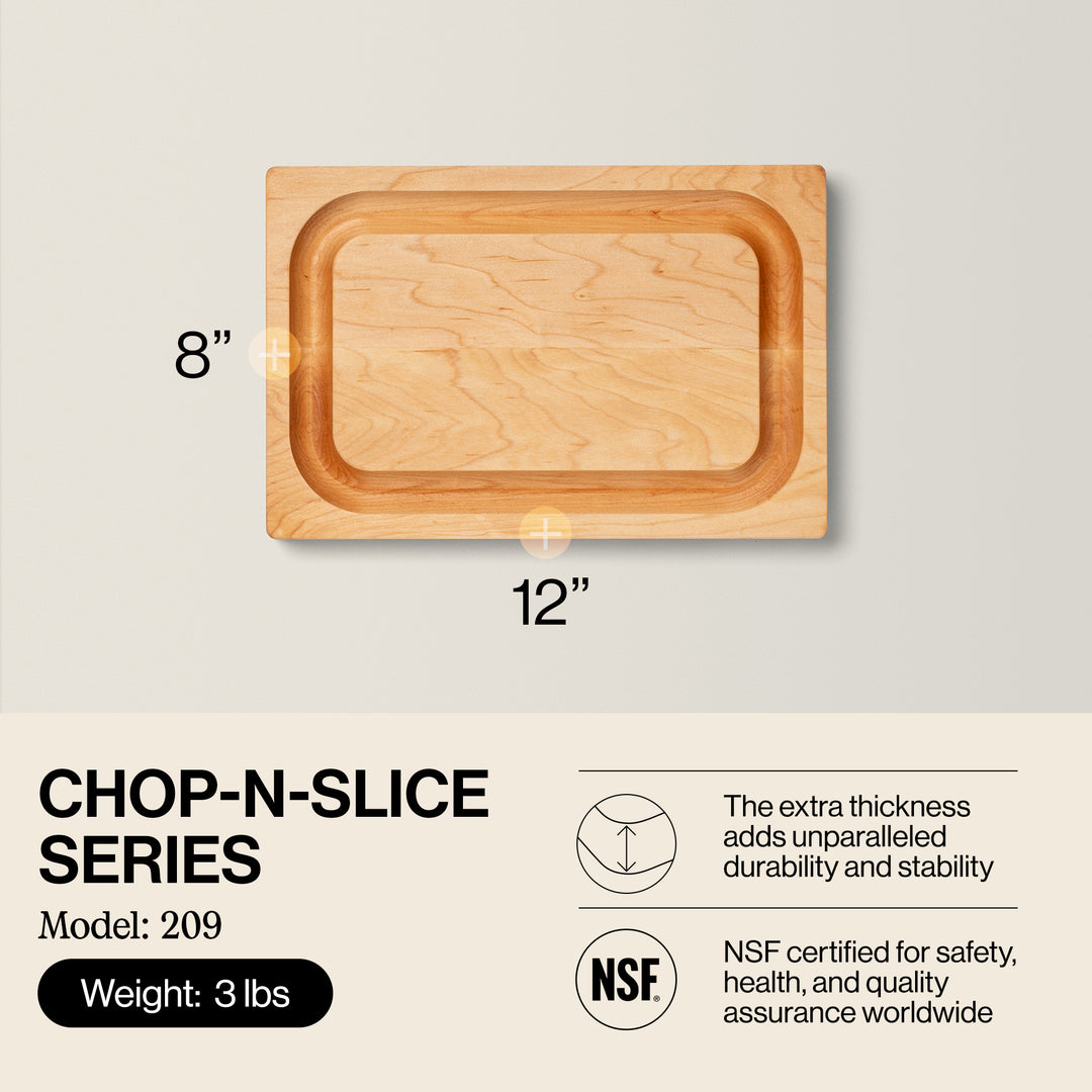 John Boos Chop N Slice Maple Wood Edge Grain Cutting Board, 8" x 12" x 1.25" - VMInnovations