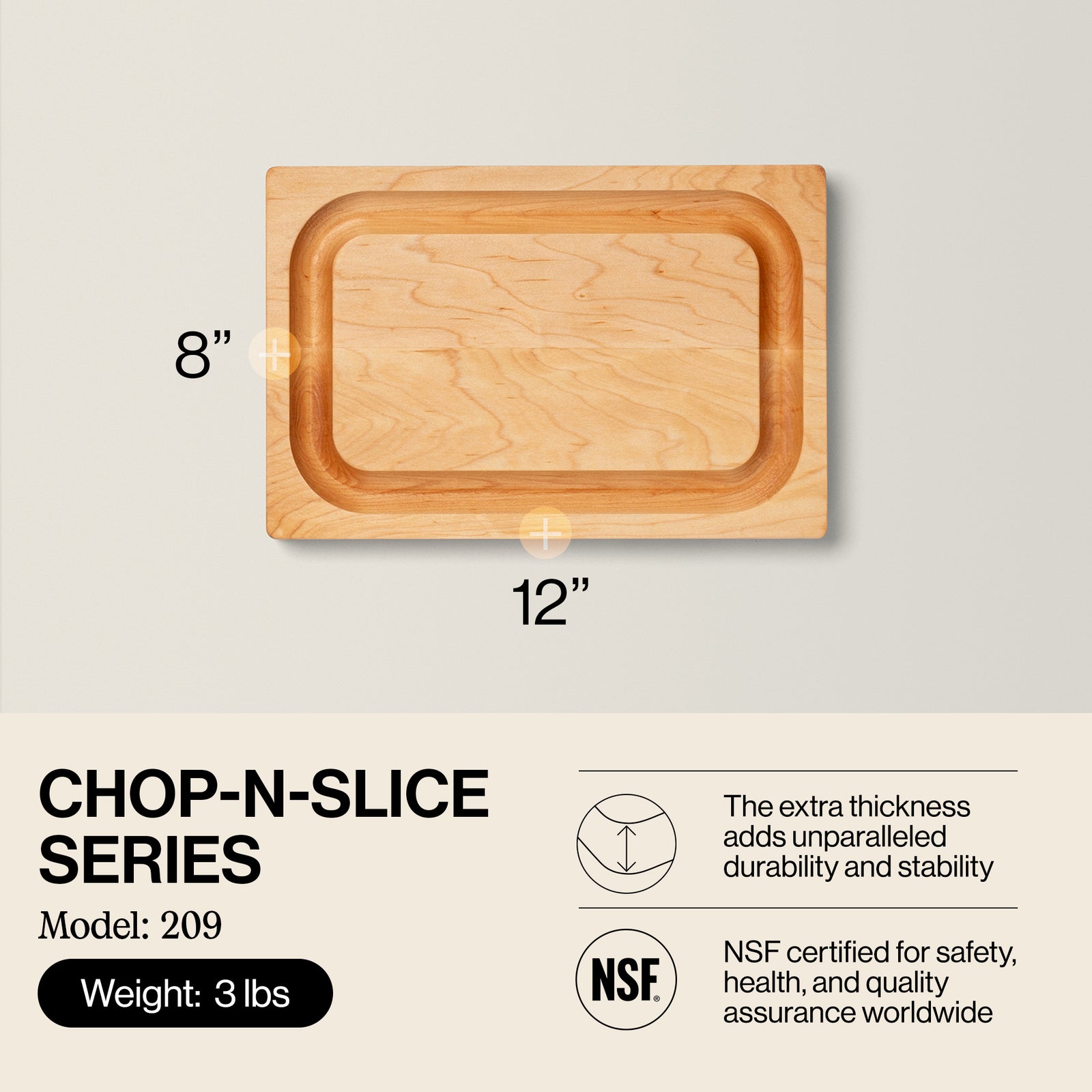John Boos Chop N Slice Maple Wood Edge Grain Cutting Board, 8" x 12" x 1.25" - VMInnovations