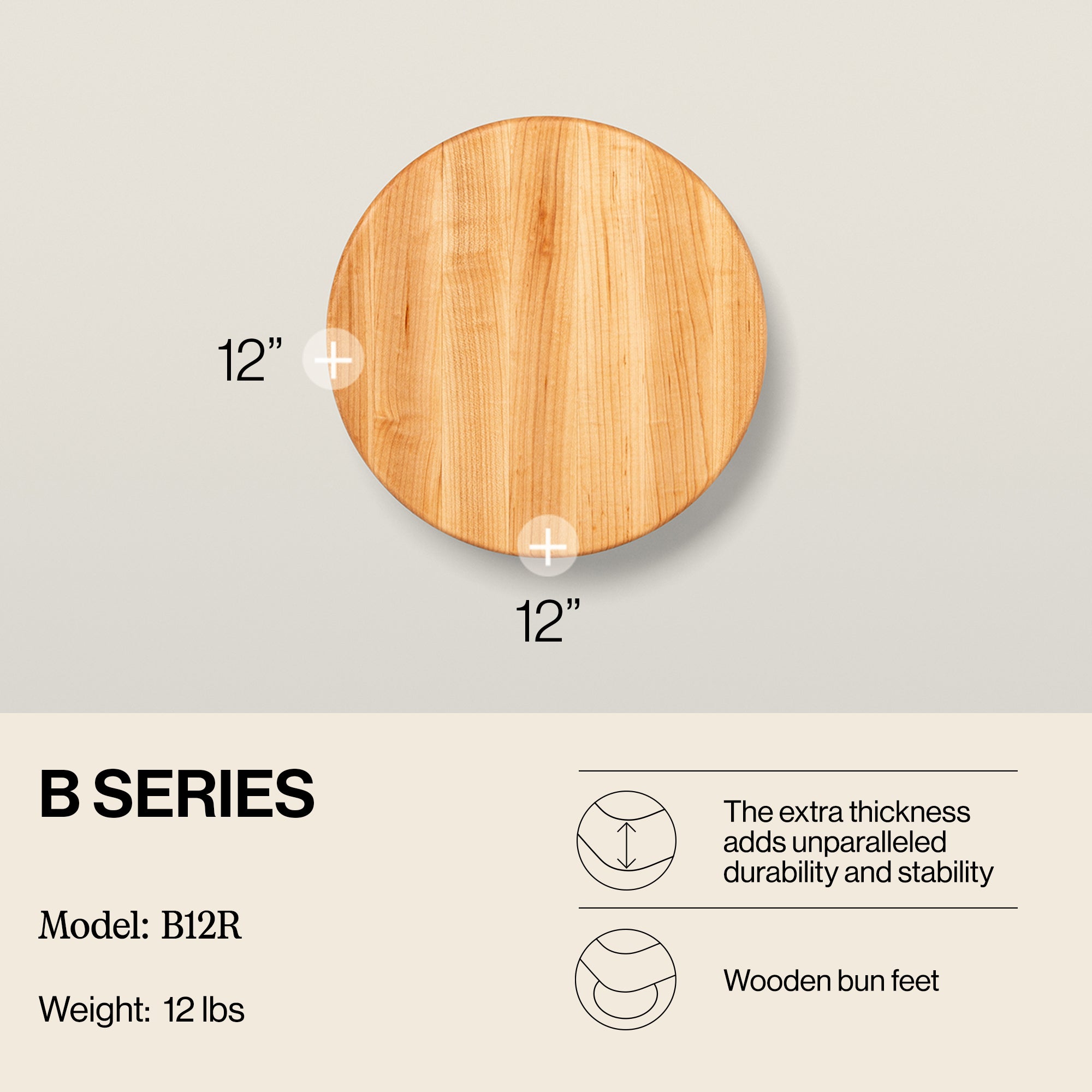 John Boos Maple Wood Edge Grain Round Cutting Board for Kitchen, 12" x 1.5" - VMInnovations
