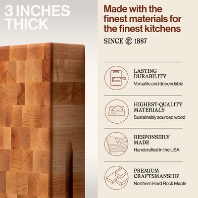John Boos Large Maple Wood End Grain Chopping Board for Kitchen, 18" x 18" x 3"