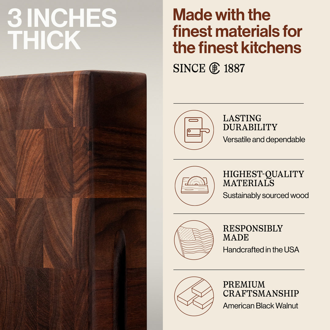 John Boos Large Walnut Wood End Grain Cutting Board for Kitchen, 18" x 18" x 3"