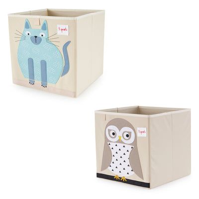 3 Sprouts Children's Fabric Storage Cube Bundle with Blue Cat and Friendly Owl