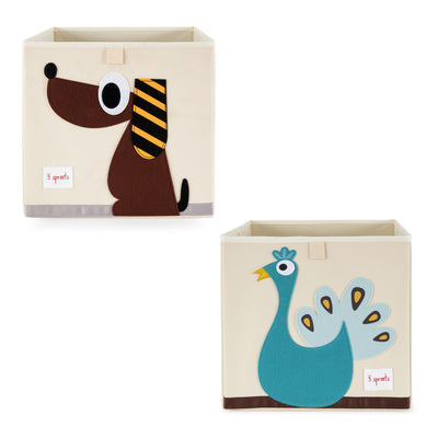 3 Sprouts Fabric Storage Cube Box Toy Bin, Brown Dog & Blue Peacock (2 Pack)