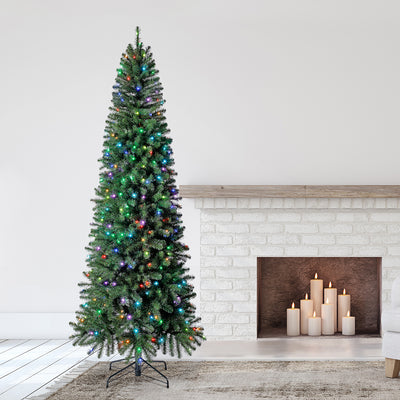 9 Ft Color Blast Pencil Pine Prelit Christmas Tree, 250 LED Lights (Used)