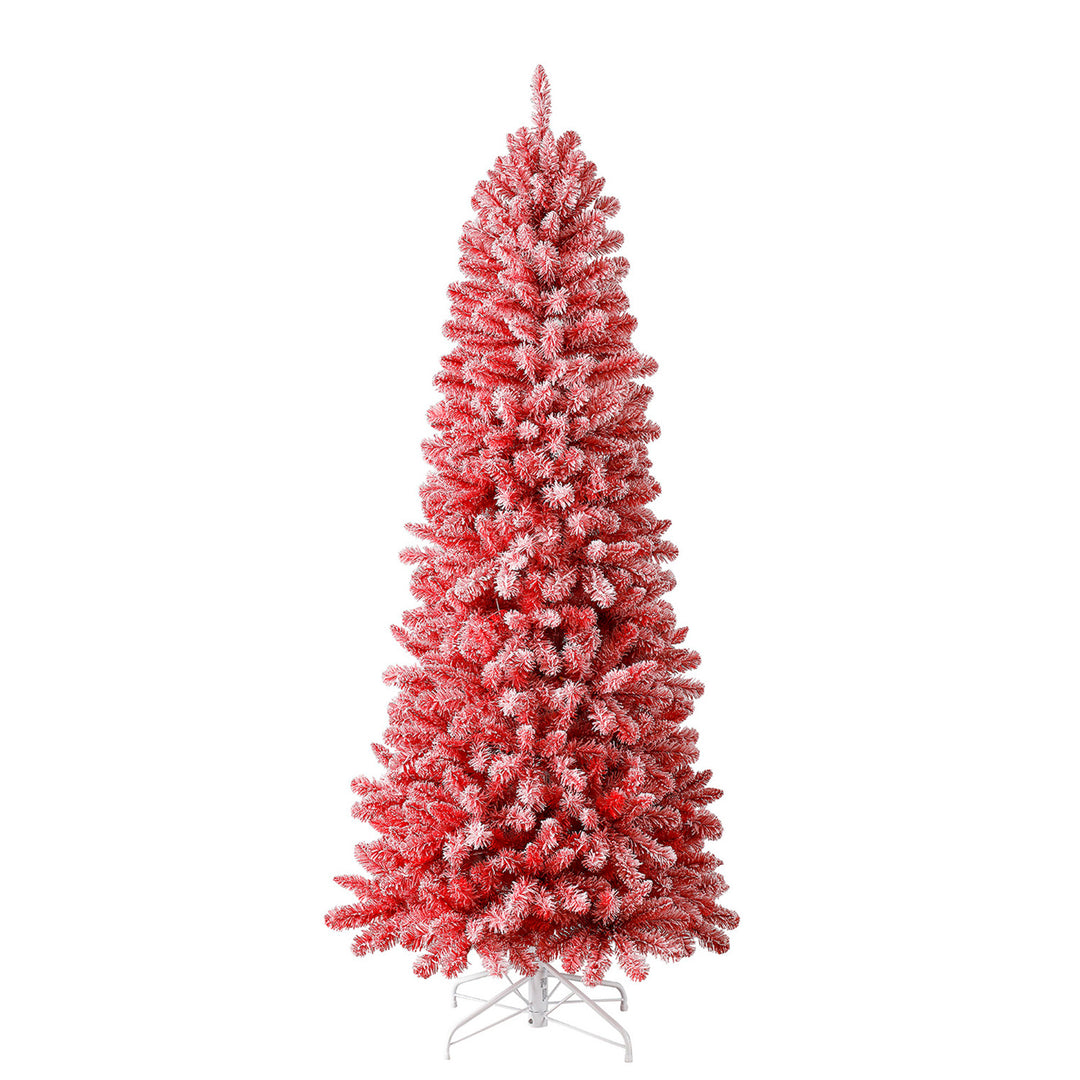 Home Heritage Anson 7 Ft Slim Pine Prelit Flocked Artificial Christmas Tree, Red