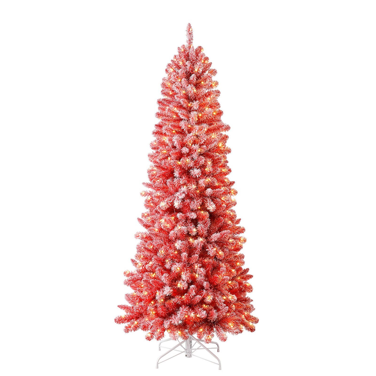 Home Heritage Anson 7 Ft Slim Pine Prelit Flocked Artificial Christmas Tree, Red - VMInnovations