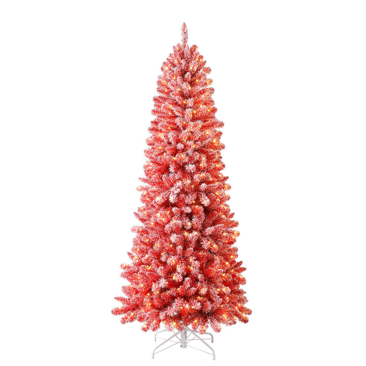 Home Heritage Anson 7 Ft Slim Pine Prelit Flocked Artificial Christmas Tree, Red