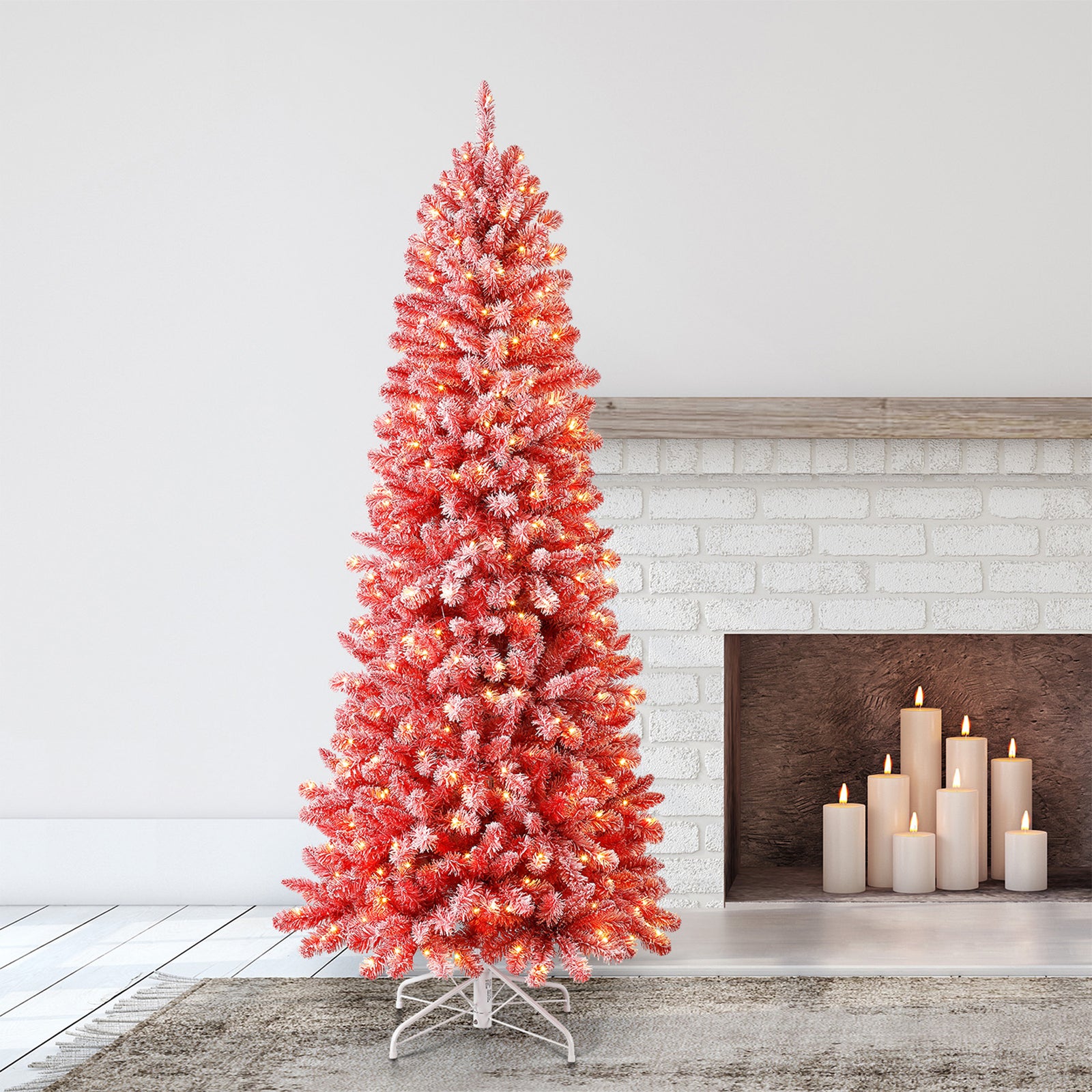 Home Heritage Anson 7 Ft Slim Pine Prelit Flocked Artificial Christmas Tree, Red - VMInnovations