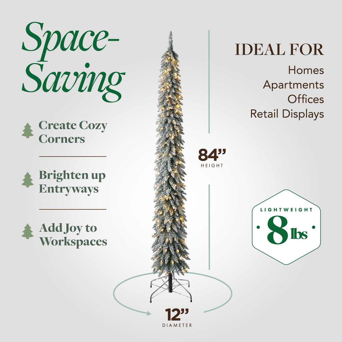 Home Heritage Albert 7' Flocked Pencil 200 LED Pre-Lit Artificial Christmas Tree