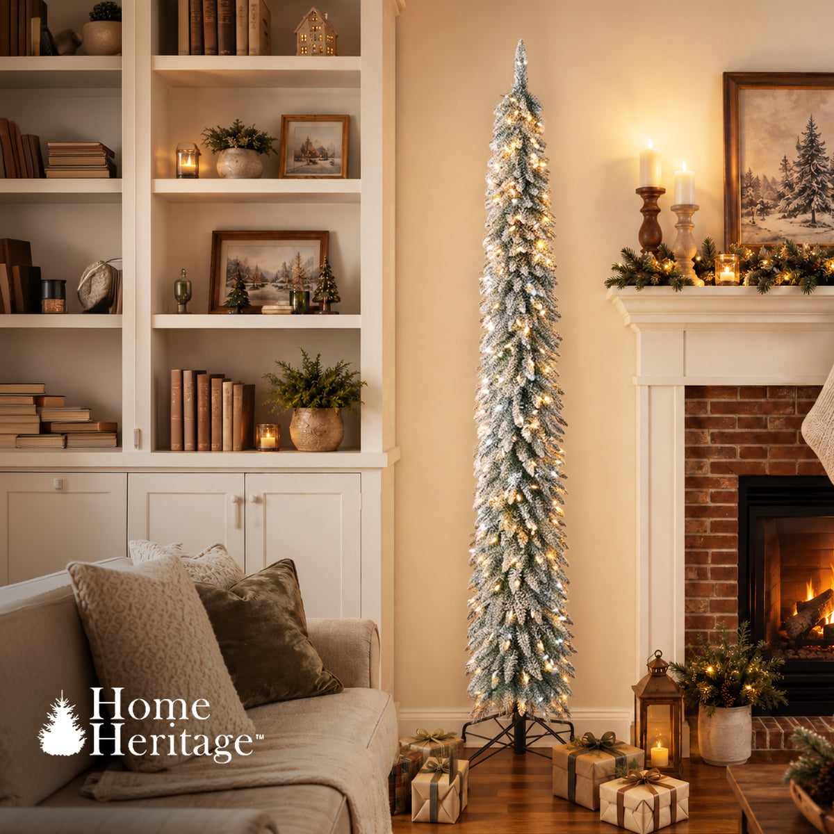 Home Heritage Albert 7' Flocked Pencil 200 LED Pre-Lit Artificial Christmas Tree