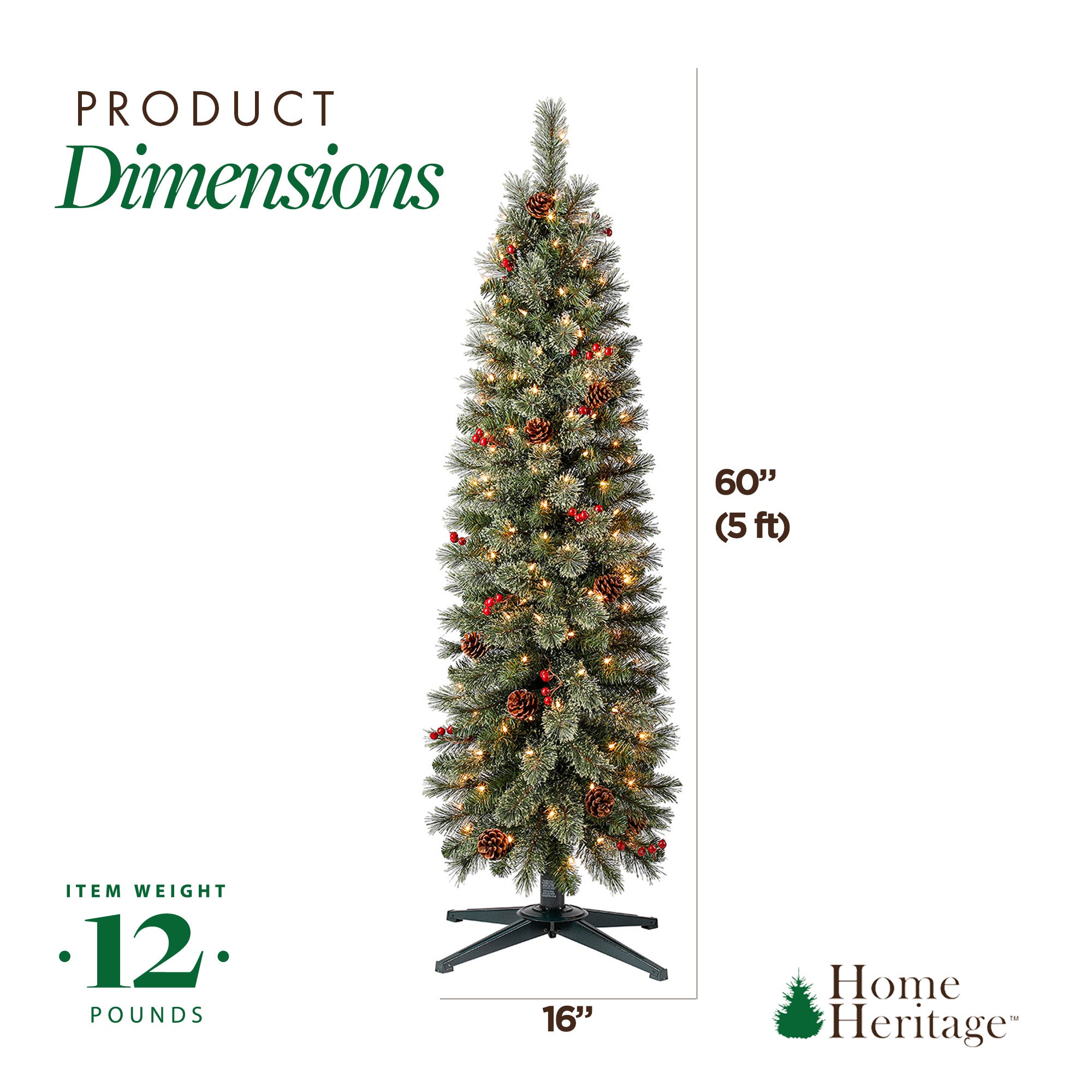 Home Heritage 5ft Cashmere Tree w/ Lights, Pinecone, and Red Berry (Open Box) - VMInnovations