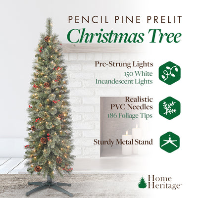 Home Heritage 5ft Cashmere Tree w/ Lights, Pinecone, and Red Berry (Open Box) - VMInnovations