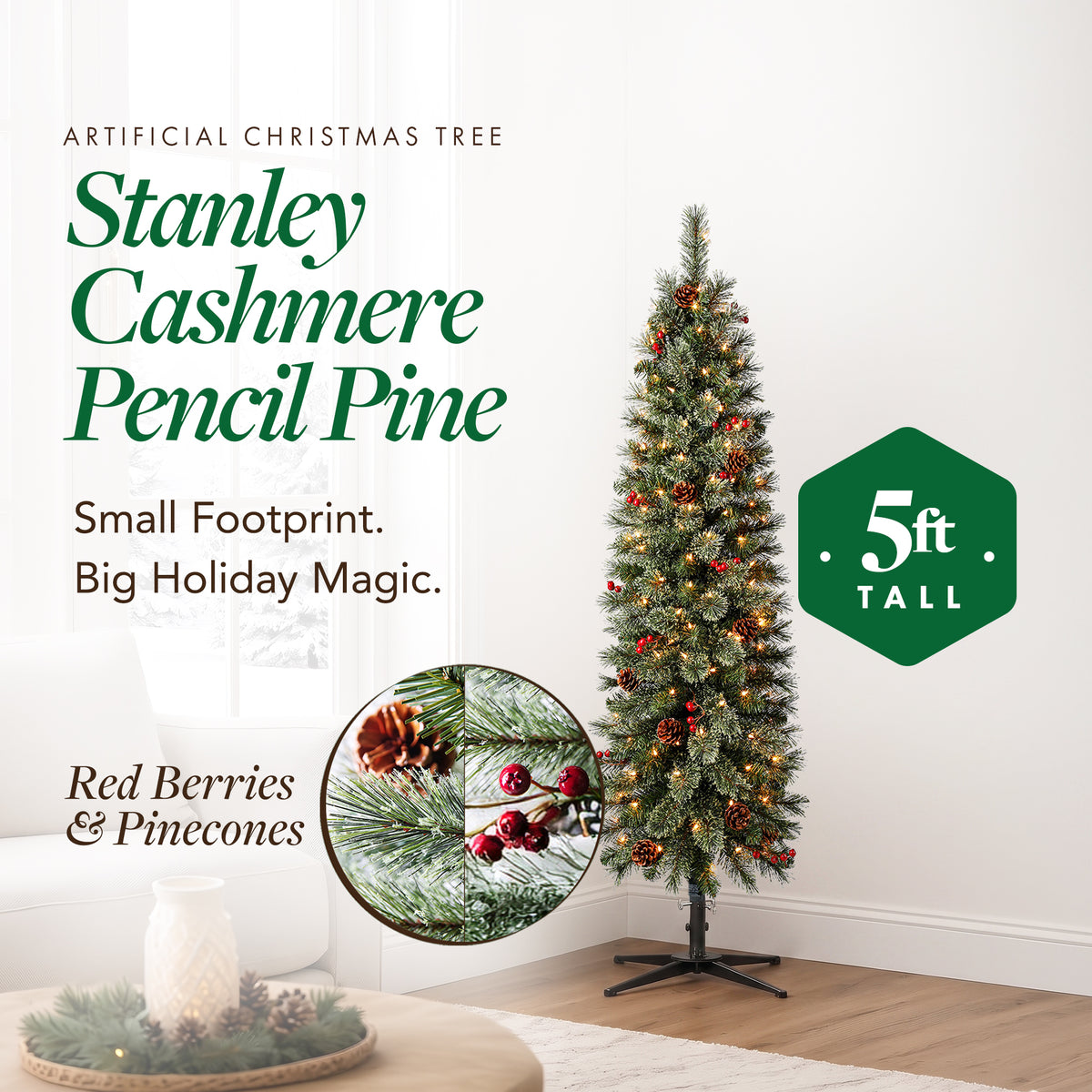 Home Heritage 5ft Stanley Cashmere Tree w/ Lights, Pinecone and Red Berry (Used)