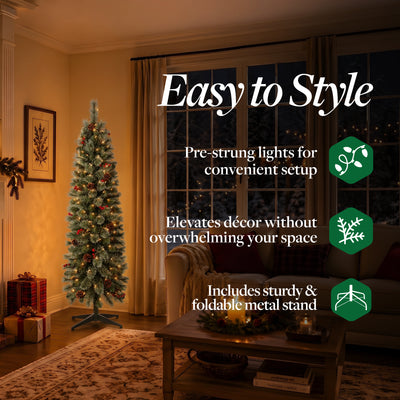 Home Heritage 5ft Stanley Cashmere Tree w/ Lights, Pinecone and Red Berry (Used)
