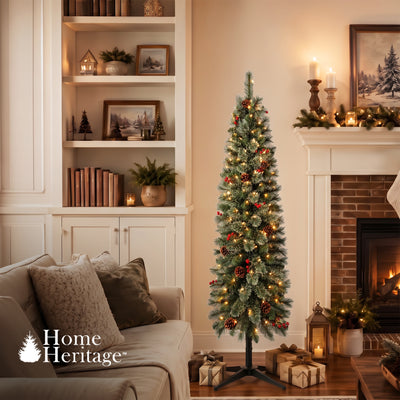 Home Heritage 5ft Stanley Cashmere Tree w/ Lights, Pinecone and Red Berry (Used)