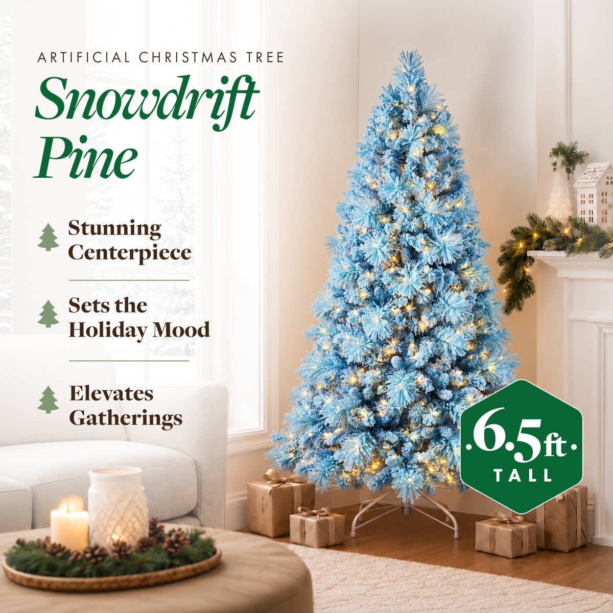 Home Heritage 6.5' Light Blue Snowdrift Pine Christmas Tree & LED Lights (Used)