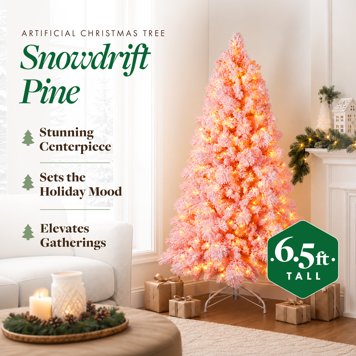 Home Heritage 6.5 Foot Pink Flocked Christmas Tree with White LED Lights (Used)