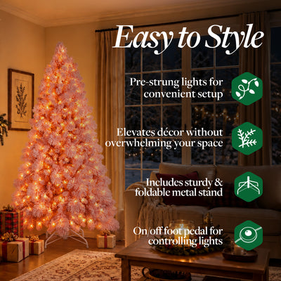 Home Heritage 6.5 Foot Pink Flocked Christmas Tree with White LED Lights (Used)
