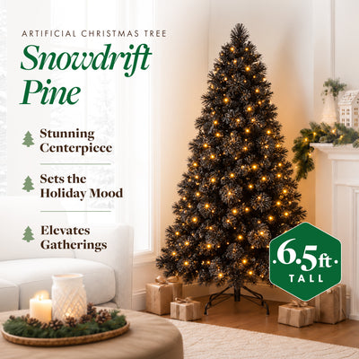 Home Heritage Snowdrift 6.5 Ft Pre-Lit Artificial Christmas Holiday Tree, Black
