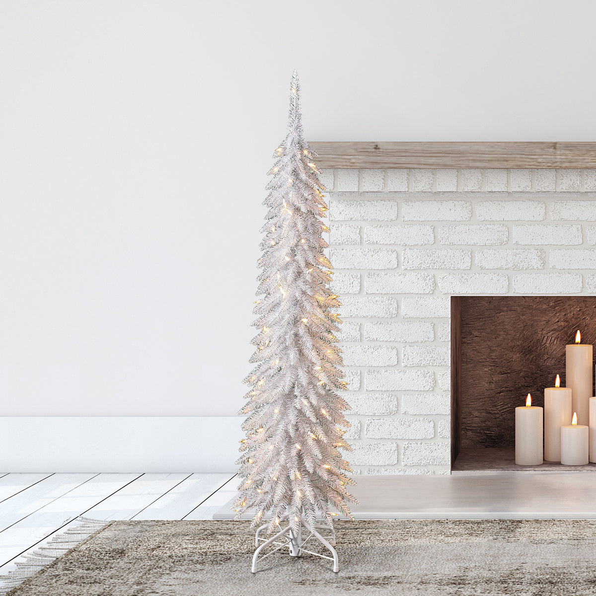 Home Heritage Tinsel 5' Pencil 100 LED Pre-Lit Artificial Christmas Tree, White