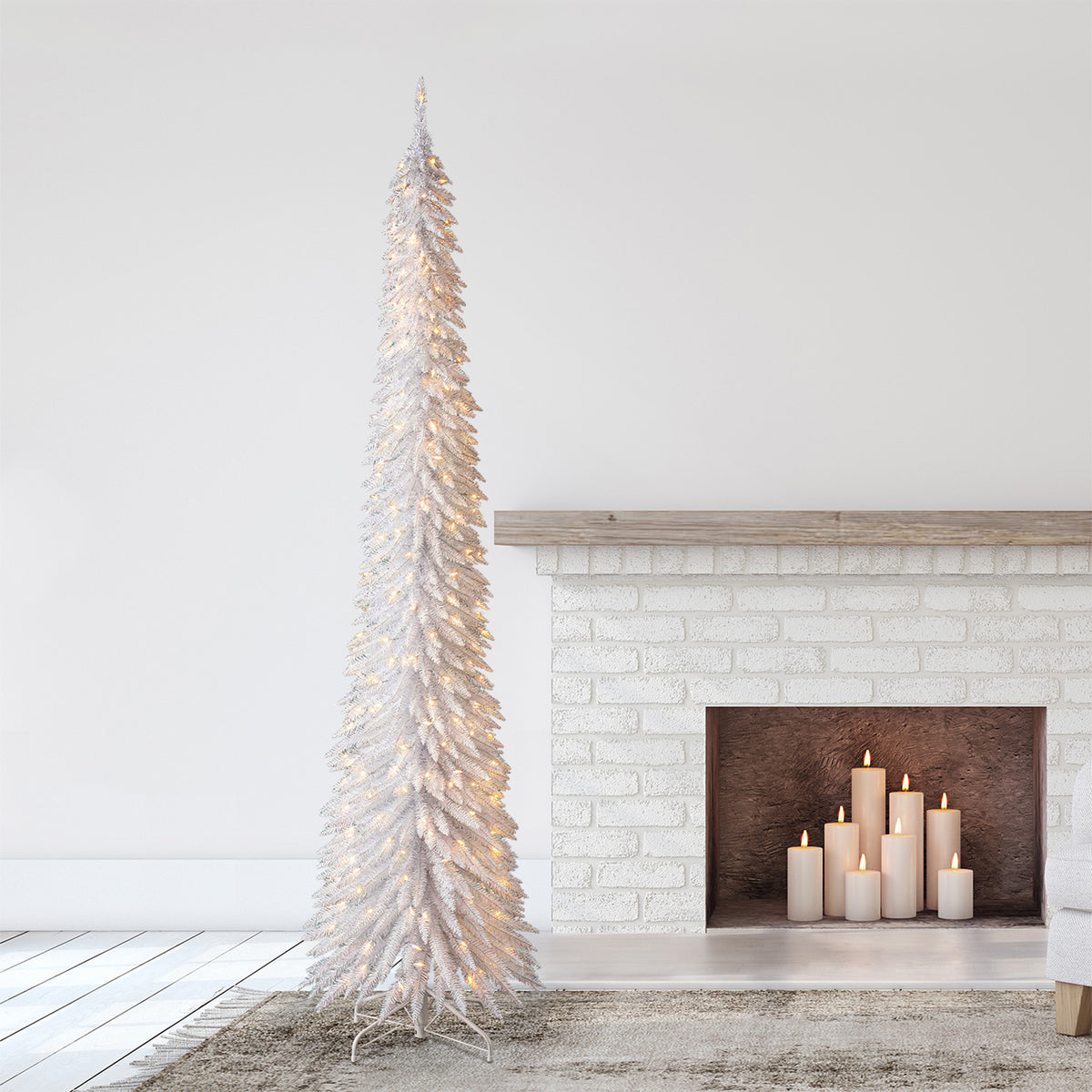 Home Heritage 9' Pencil Tinsel Artificial Prelit Christmas Tree & Stand, White