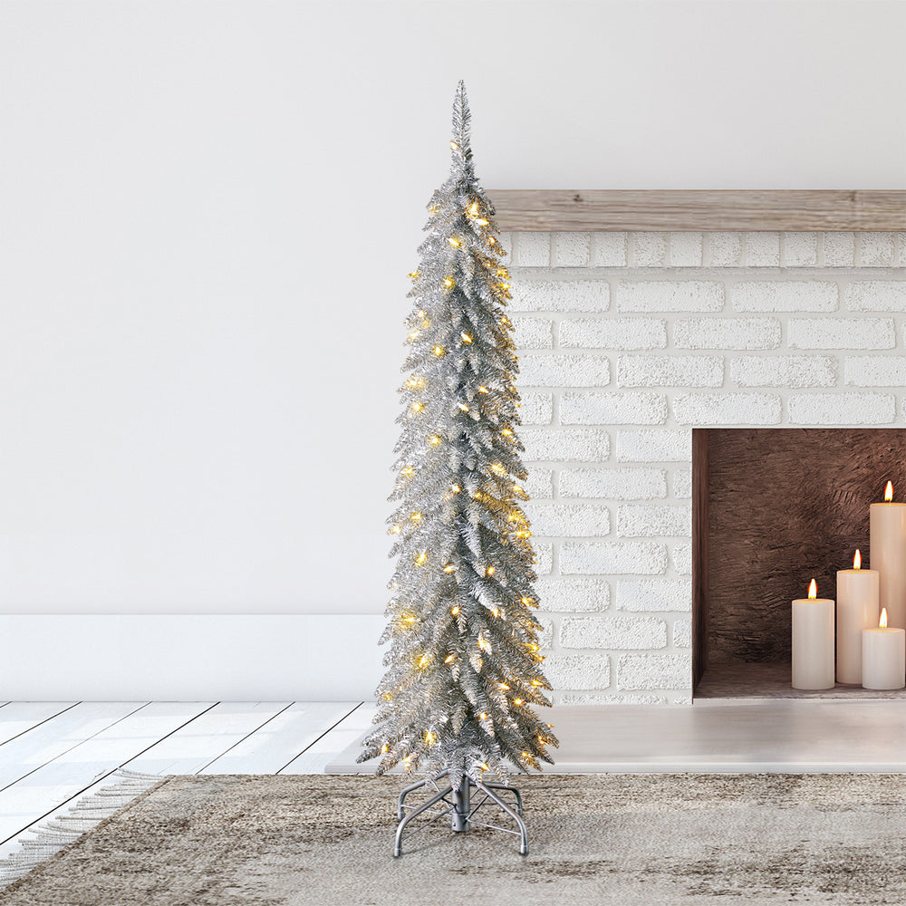 Home Heritage 5 Ft Slim Tinsel Artificial Prelit Christmas Tree & Stand, Silver - VMInnovations