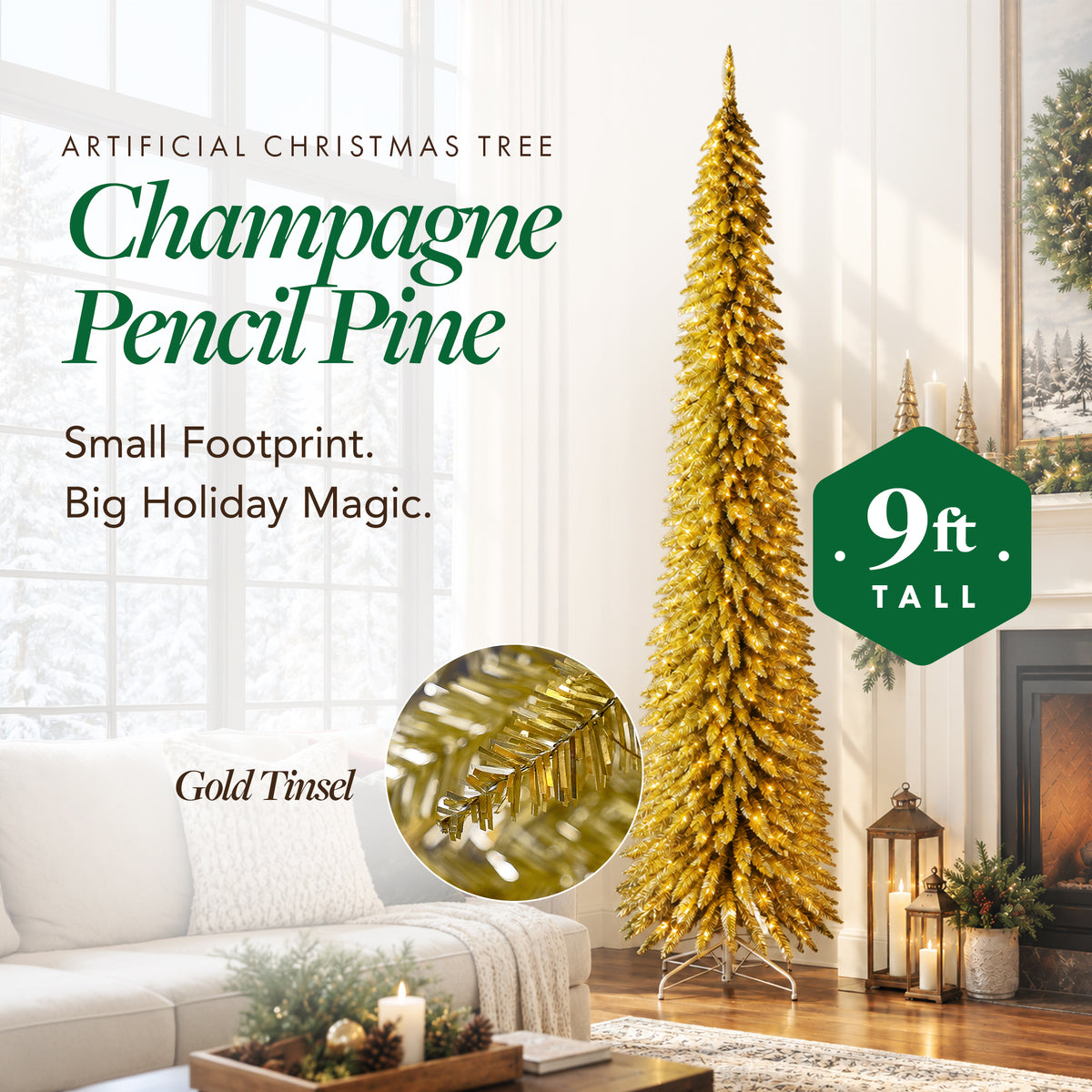 Home Heritage Tinsel 9' Pencil 250 LED Pre-Lit Artificial Christmas Tree, Gold - VMInnovations