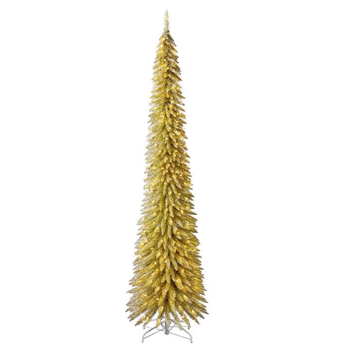 Home Heritage Tinsel 9' Pencil 250 LED Pre-Lit Artificial Christmas Tree, Gold