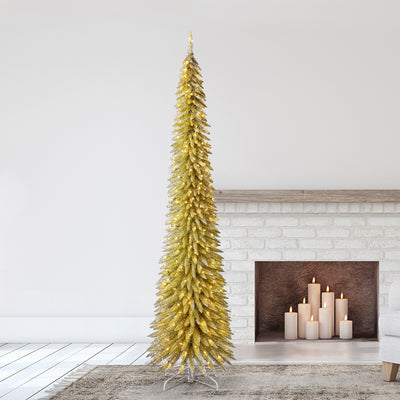 Home Heritage Tinsel 9' Pencil 250 LED Pre-Lit Artificial Christmas Tree, Gold - VMInnovations