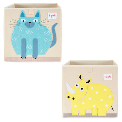 3 Sprouts Children's Fabric Storage Cube Bundle with Blue Cat and Yellow Rhino